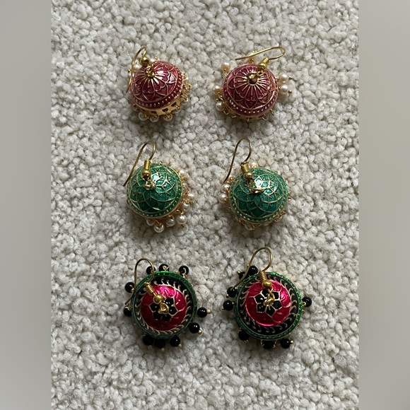 Brand New Elegant Multicolor Jhumka Earrings 3 pairs Pink, Green & Green Enamel - Picture 1 of 5